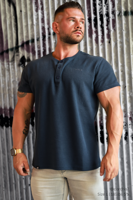Waffle Henley T-Shirt - Dusty Blue