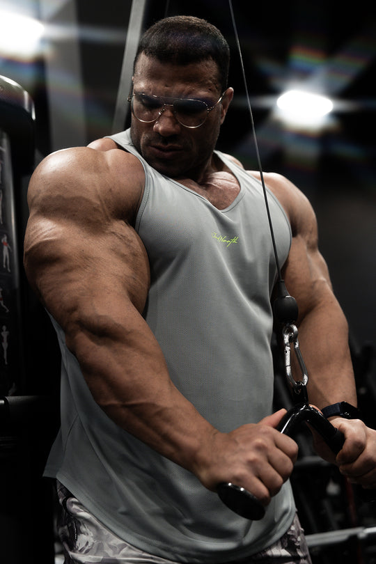 Fast-Dry Bodybuilding Workout Stringer - Light Gray w/ Neon Logo