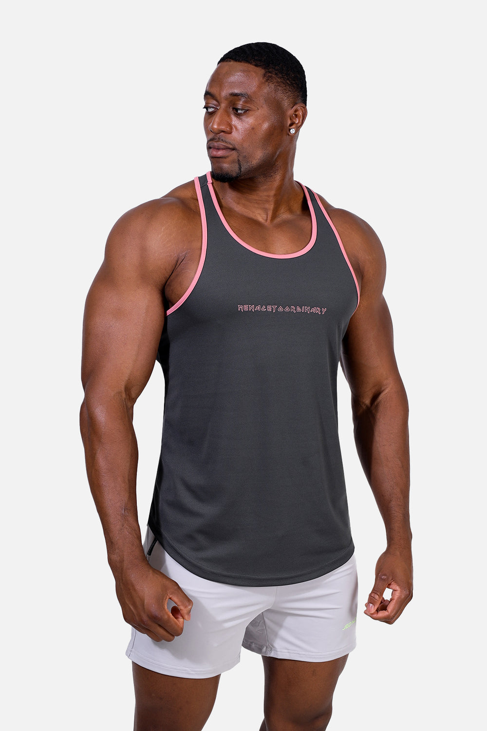 Fast-Dry Bodybuilding Workout Stringer - Gray w/ Pink Trim