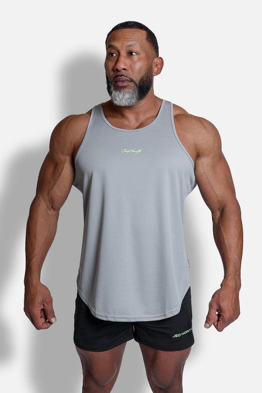 Fast-Dry Bodybuilding Workout Stringer - Light Gray w/ Neon Logo
